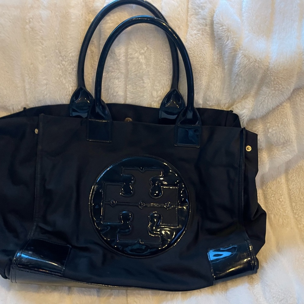 Tory Burch Black Nylon Tote with Patent Trim